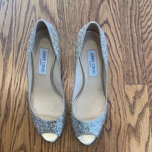 Gold sparkle Jimmy Choo wedding shoes peep toe heels